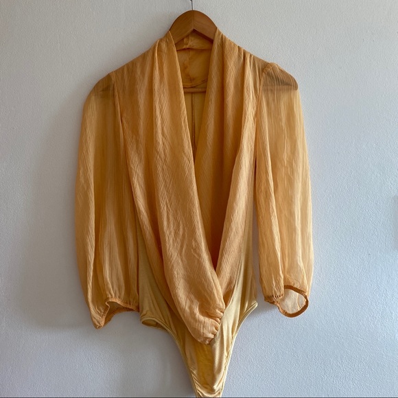 Tops - Boutique Yellow Sheer V Neck Bodysuit